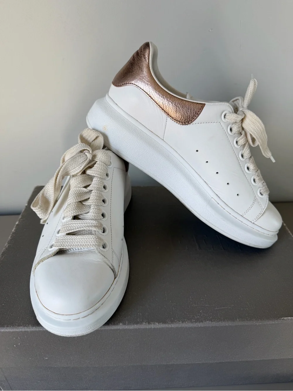 Alexander McQueen White Leather Sneakers with Metallic Rose Heel